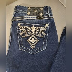 Miss Me Dark Blue Skinny Jeans with Contrast Stitching, Size 30 X 31